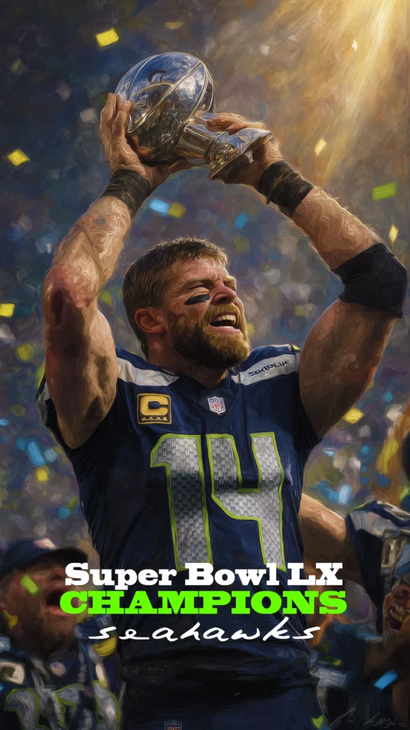 Mobile Background: Sam Darnold Lifts the Trophy. Super Bowl LX Champions Seahawks