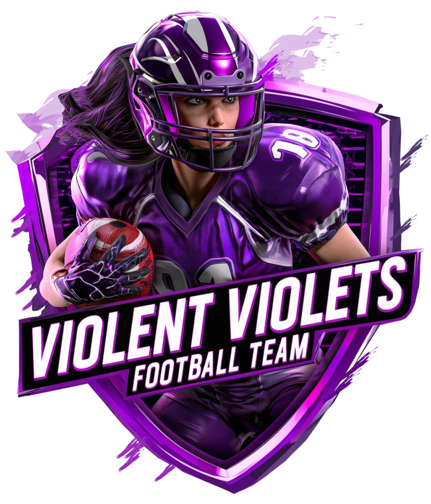 3D shield fantasy football logo featuring a female player in uniform holding a football for the Violent Violets team - Download Free