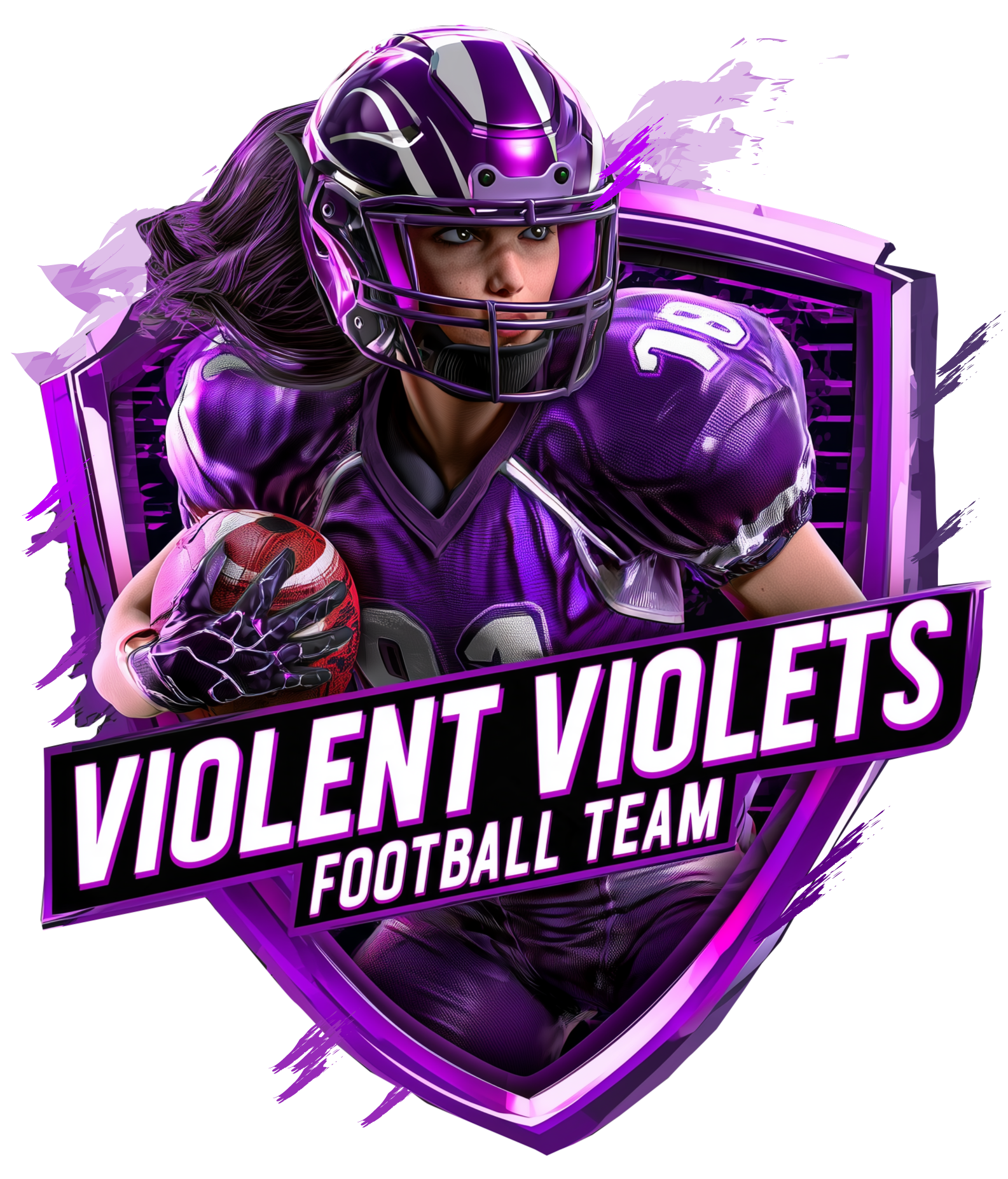 3D shield fantasy football logo featuring a female player in uniform holding a football for the Violent Violets team