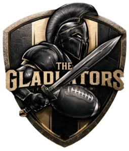 Dominate your league with The Gladiators fantasy football logo! Download this fierce black and gold shield featuring an armored warrior holding a football.