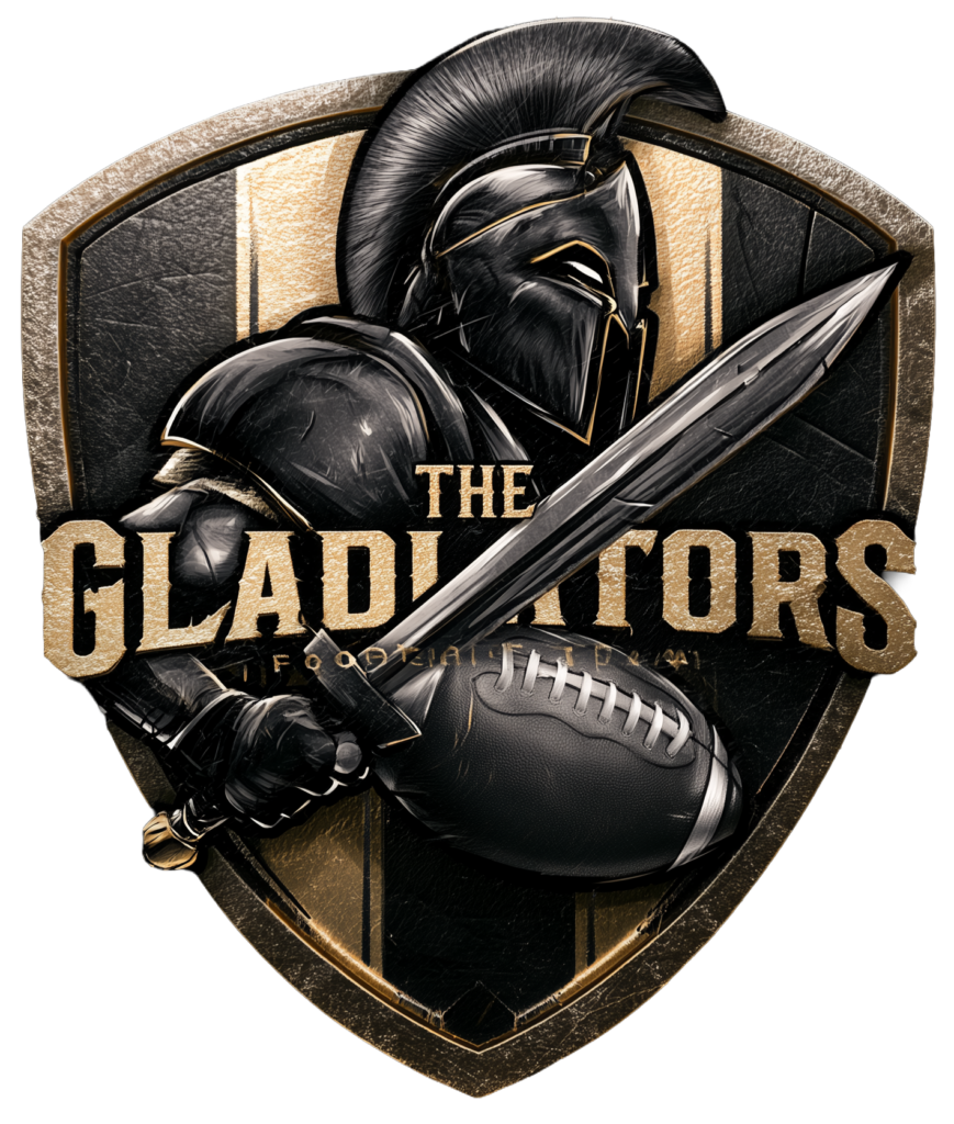 Dominate your league with The Gladiators fantasy football logo! Download this fierce black and gold shield featuring an armored warrior holding a football.